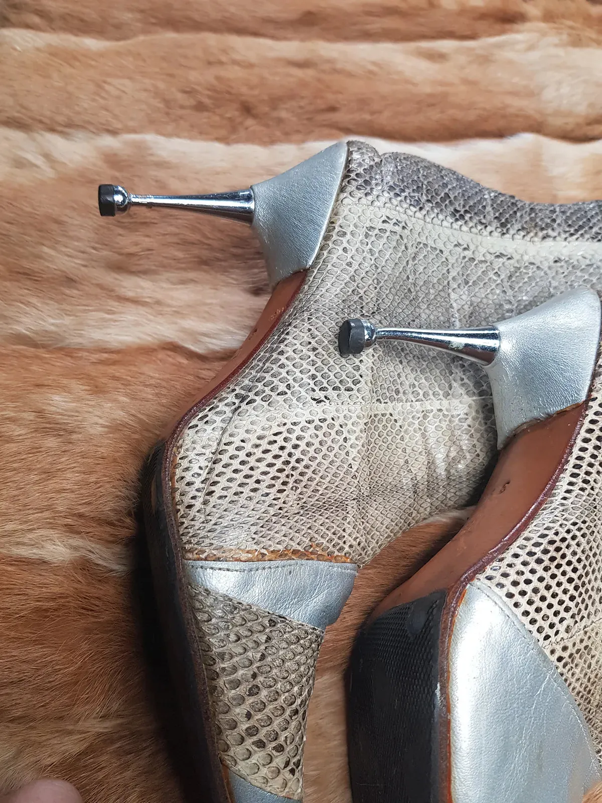 1960s Italian Authentic 100% Snakeskin & Leather Go Go Boots - Insane Metal Stiletto Heels - Silver & Natural Snake (European Size 38)