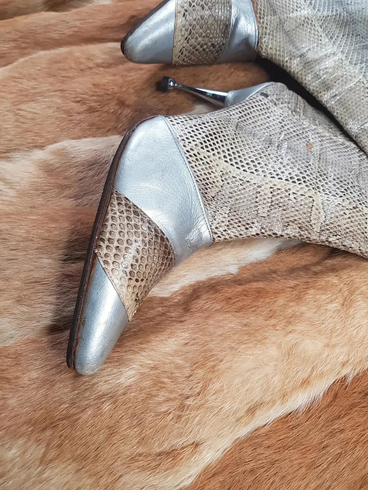 1960s Italian Authentic 100% Snakeskin & Leather Go Go Boots - Insane Metal Stiletto Heels - Silver & Natural Snake (European Size 38)