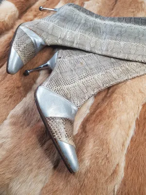 1960s Italian Authentic 100% Snakeskin & Leather Go Go Boots - Insane Metal Stiletto Heels - Silver & Natural Snake (European Size 38)