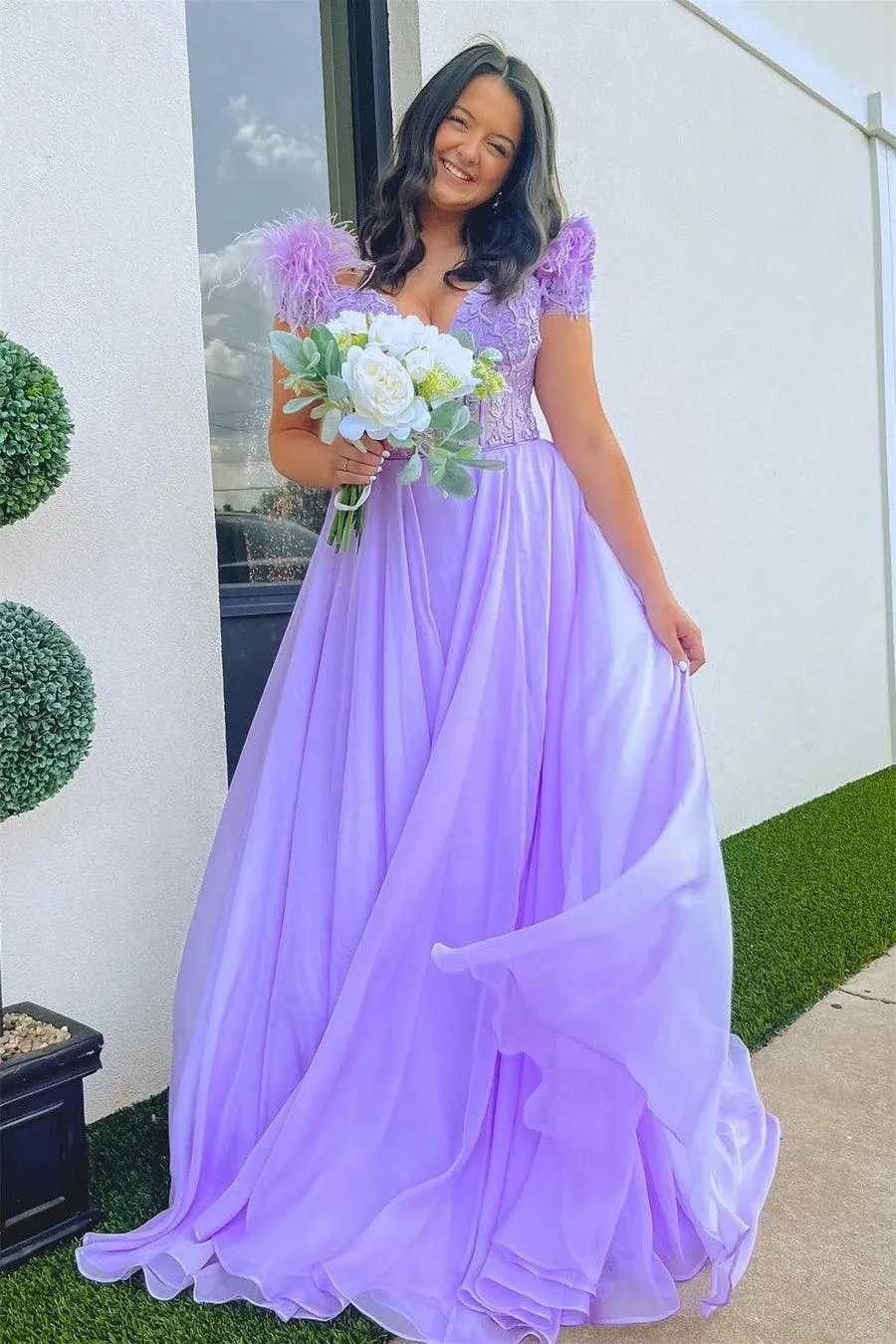 A-line Lavender Plunging Off-the-Shoulder Feathers  Long Prom Dress  PSK433