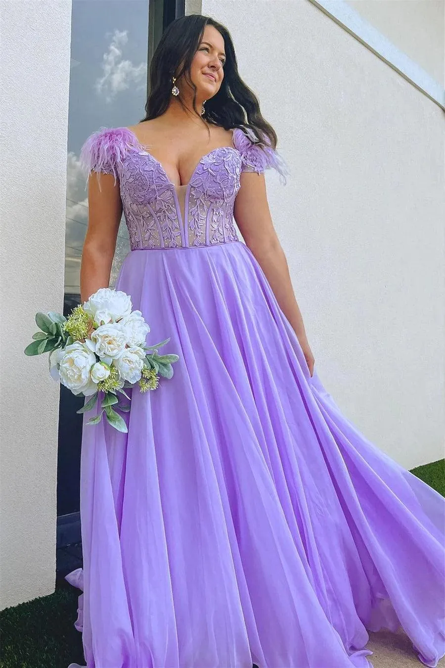 A-line Lavender Plunging Off-the-Shoulder Feathers  Long Prom Dress  PSK433