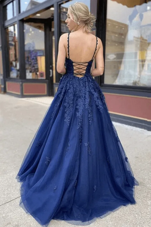 A-line Navy Blue Tulle Lace Long Prom Dress Evening Dress PSK205