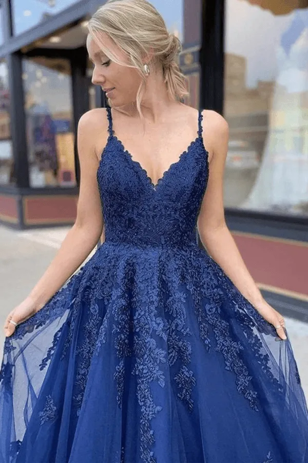 A-line Navy Blue Tulle Lace Long Prom Dress Evening Dress PSK205