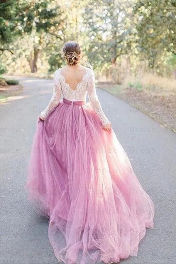 A-Line V-Neck Long Sleeves Pink Tulle Wedding Dress with Lace Appliques WD545