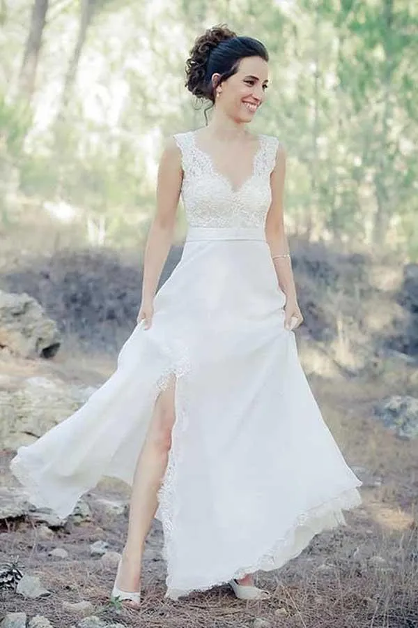 A-Line V-Neck Sweep Train Chiffon Beach Wedding Dress with Lace WD262