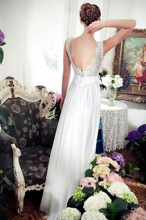 A-Line V-Neck Sweep Train Chiffon Beach Wedding Dress with Lace WD262