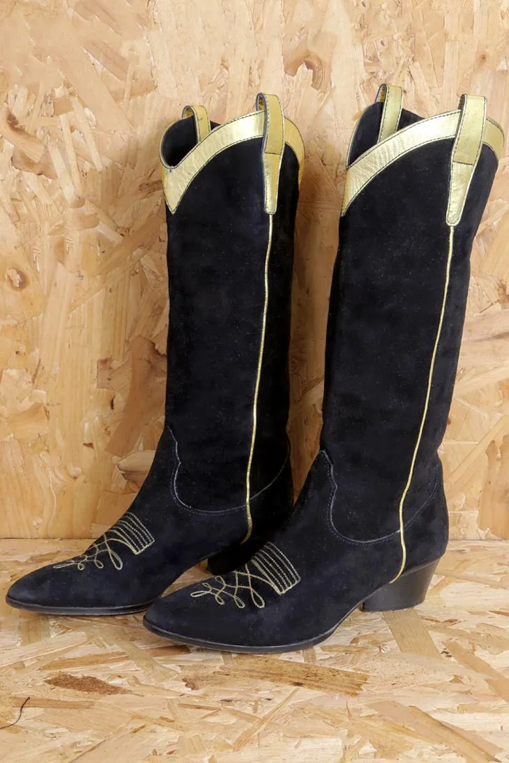 Black and Gold Suede Boots