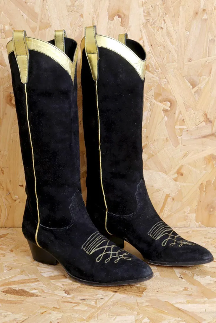 Black and Gold Suede Boots