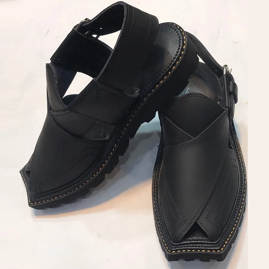 Black Leather Handmade Peshawari Men's Chappal