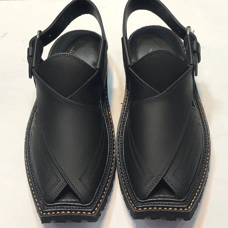 Black Leather Handmade Peshawari Men's Chappal