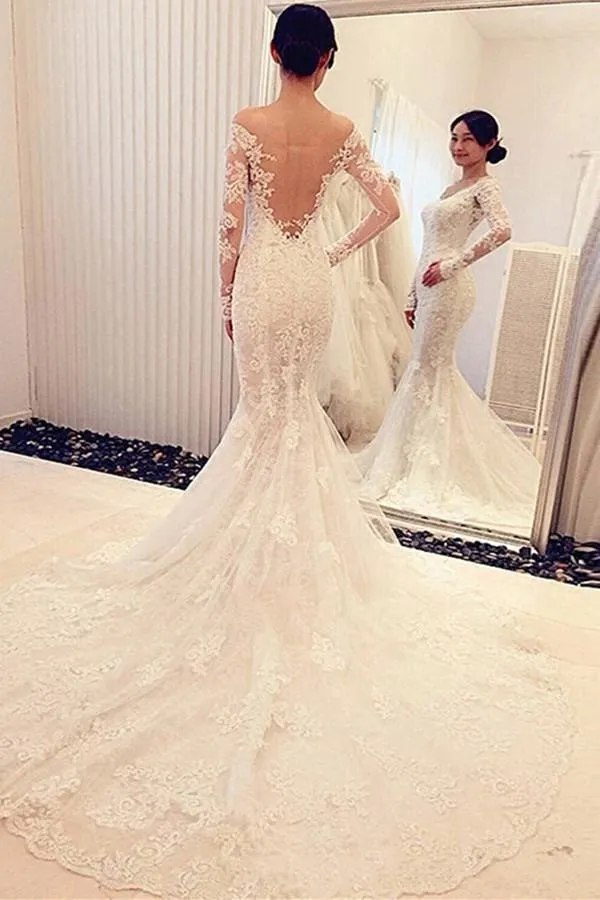 Charming Off The Shoulder Long Sleeves Lace Mermaid Wedding Dress WD018