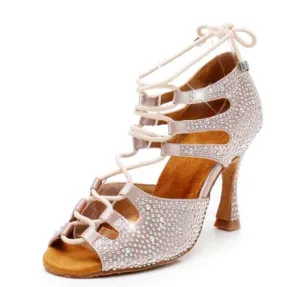 Flesh Satin Rhinestone Ballroom Dance Shoes Salsa Latin Social Dance Shoes