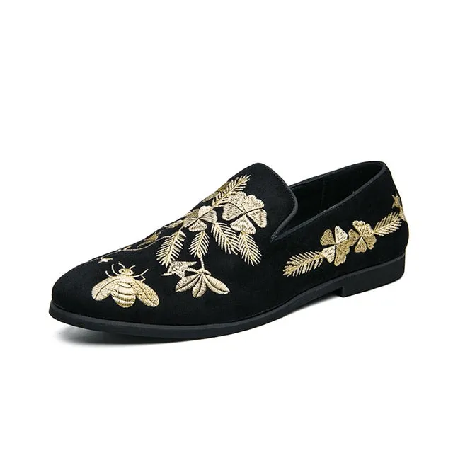 Floral Embroidery Black Flock Loafers