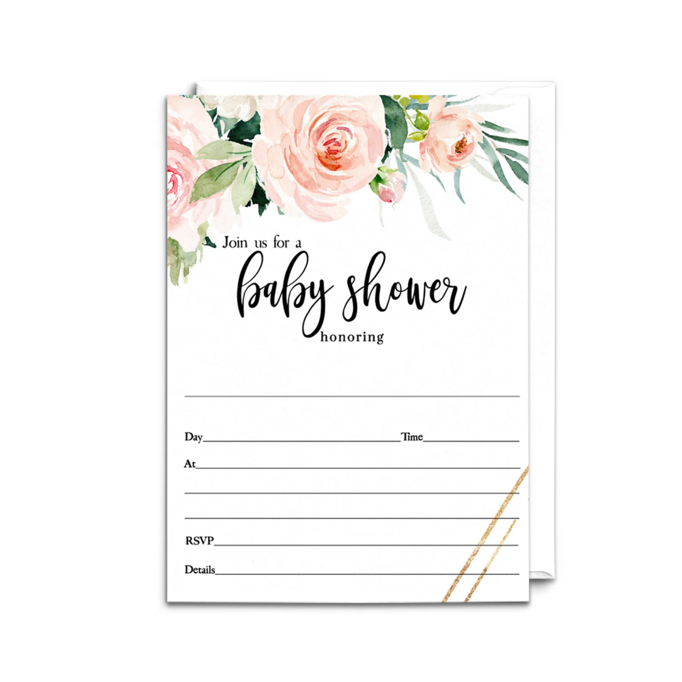 Graceful Floral Baby Shower Invitations Girls, Blank Rustic Invites with Envelopes, DIY 5x7 Cards Blush and Greenery, 25 Pack