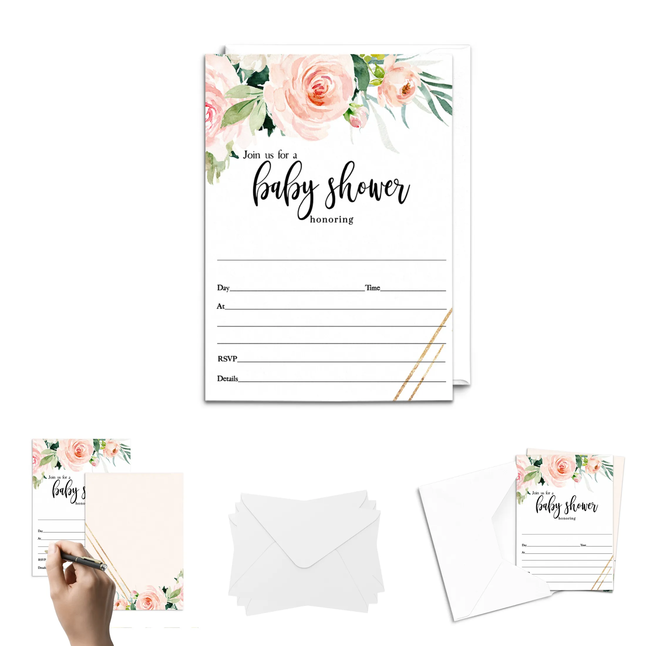 Graceful Floral Baby Shower Invitations Girls, Blank Rustic Invites with Envelopes, DIY 5x7 Cards Blush and Greenery, 25 Pack