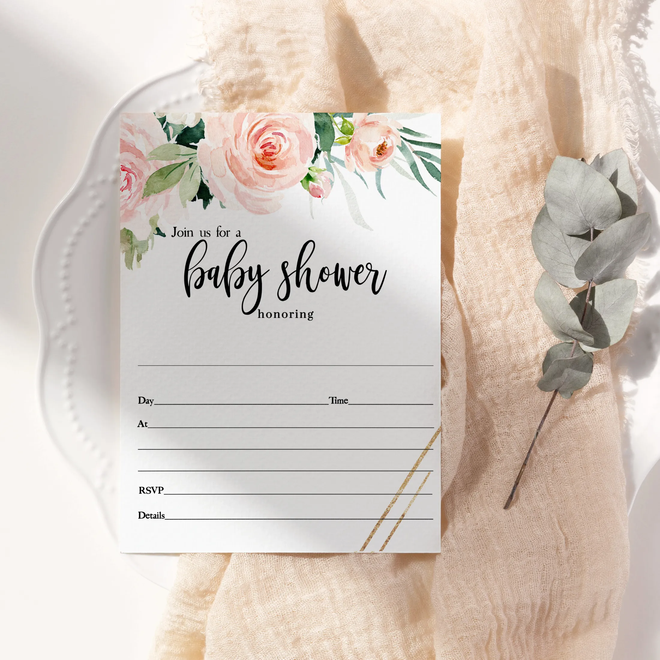 Graceful Floral Baby Shower Invitations Girls, Blank Rustic Invites with Envelopes, DIY 5x7 Cards Blush and Greenery, 25 Pack