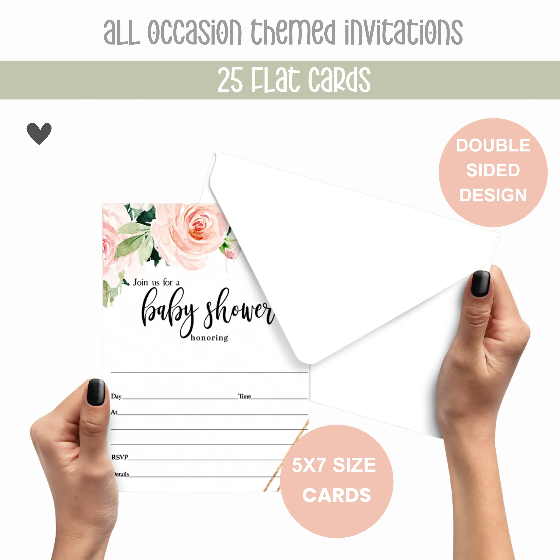 Graceful Floral Baby Shower Invitations Girls, Blank Rustic Invites with Envelopes, DIY 5x7 Cards Blush and Greenery, 25 Pack