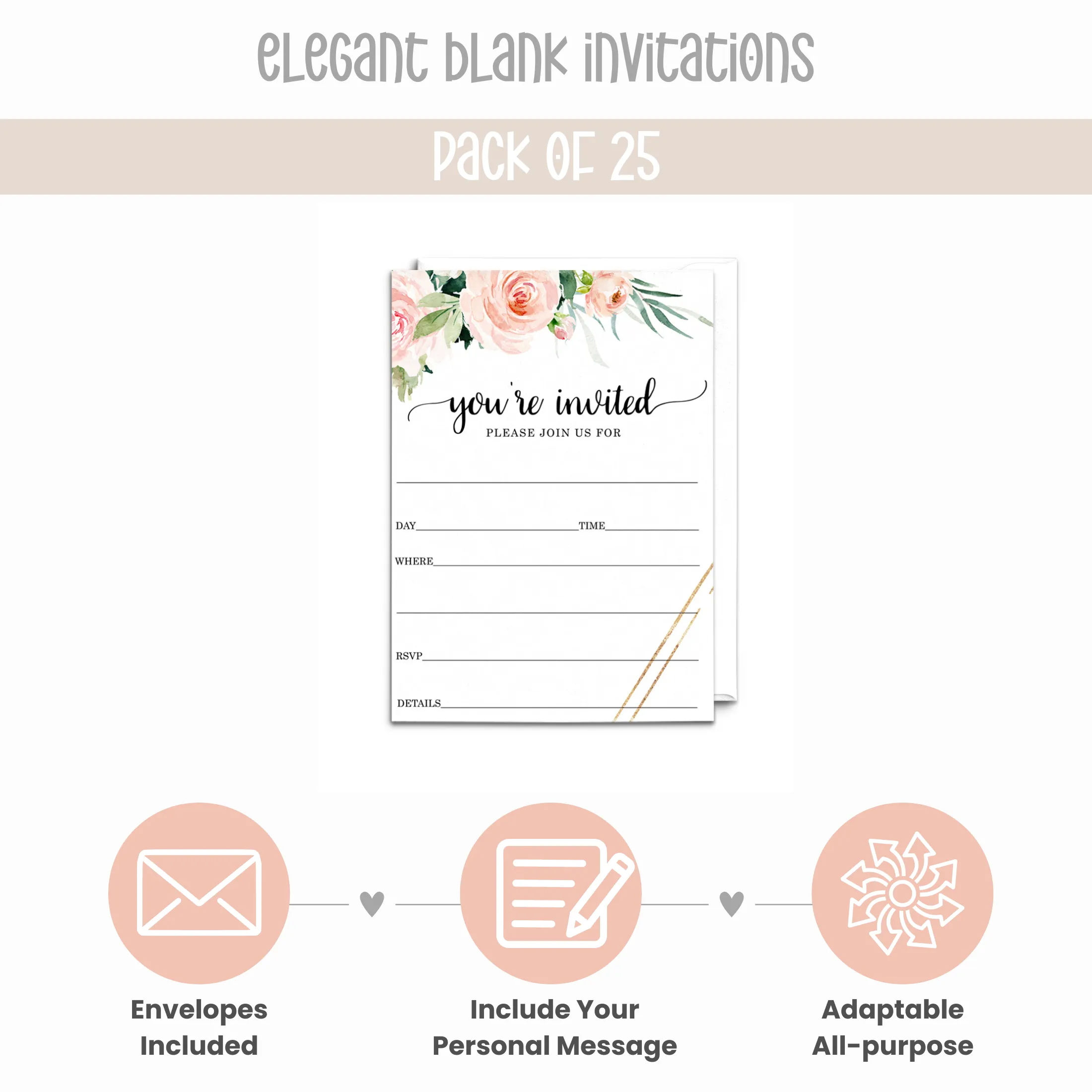 Graceful Floral Invitations with Envelopes, 25 Pack, 5x7 Blank Cards for All Occasions