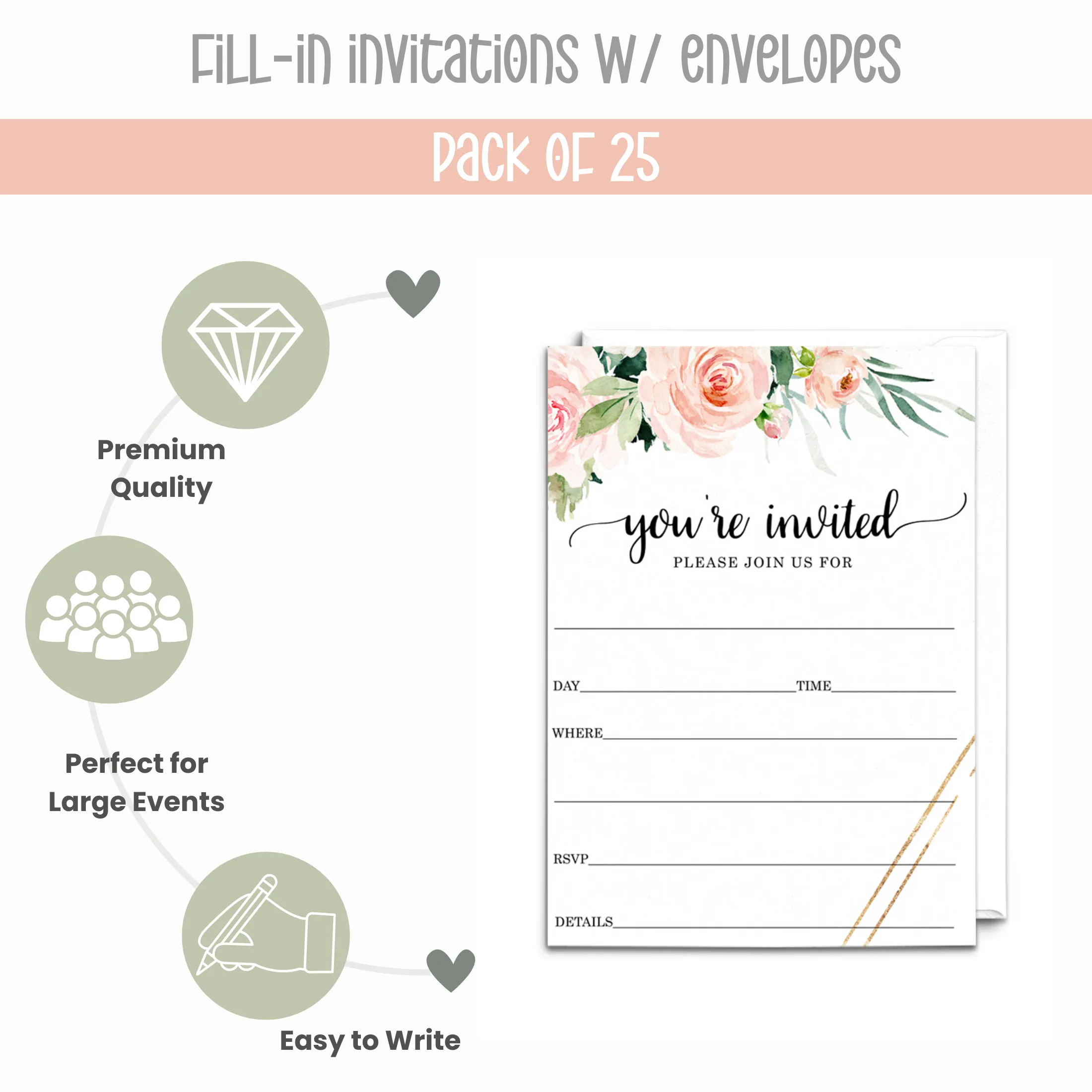 Graceful Floral Invitations with Envelopes, 25 Pack, 5x7 Blank Cards for All Occasions