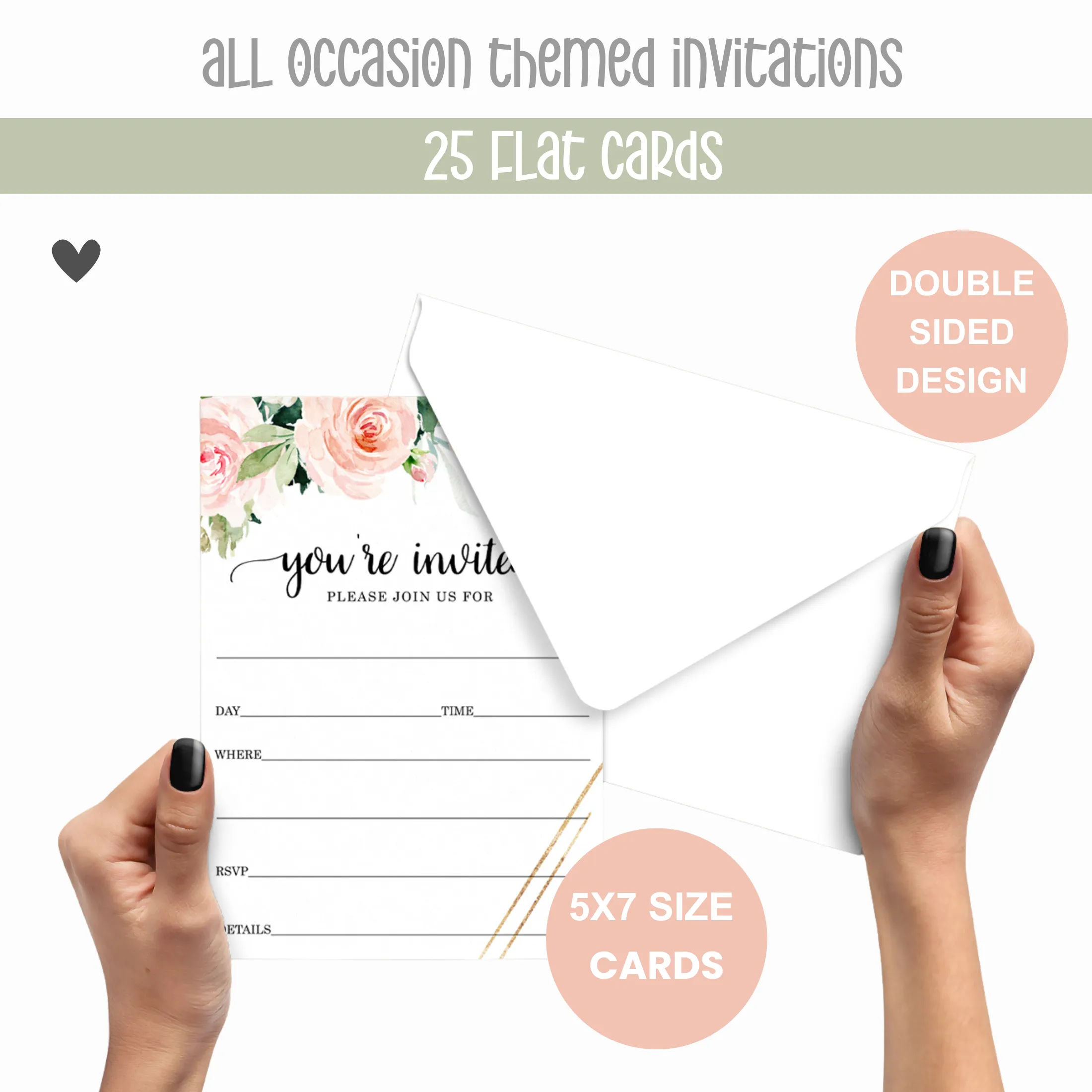 Graceful Floral Invitations with Envelopes, 25 Pack, 5x7 Blank Cards for All Occasions