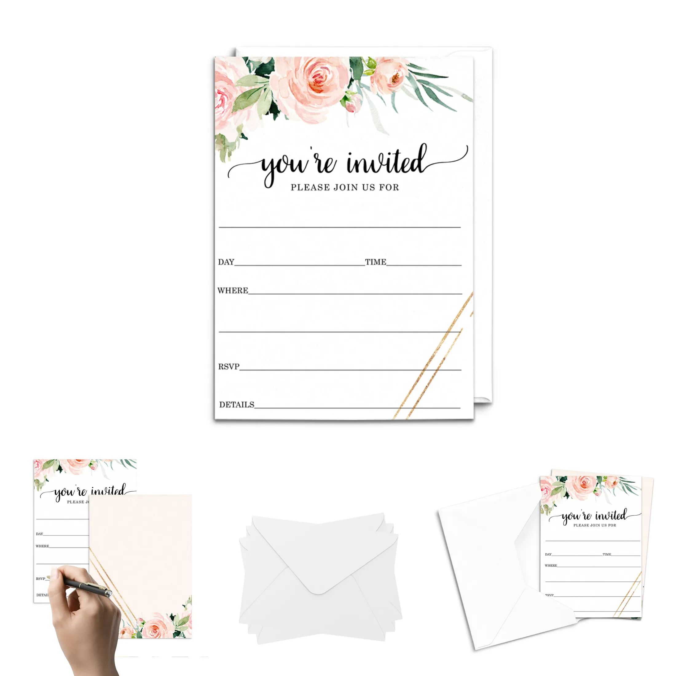 Graceful Floral Invitations with Envelopes, 25 Pack, 5x7 Blank Cards for All Occasions