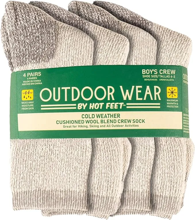 HOT FEET Boys' Outdoor Socks, Warm Youth Socks, Thermal Wool Blend (4 Pack)