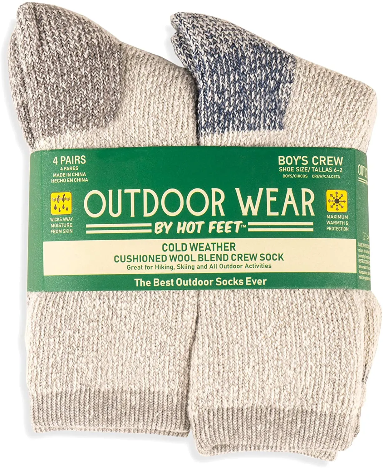 HOT FEET Boys' Outdoor Socks, Warm Youth Socks, Thermal Wool Blend (4 Pack)