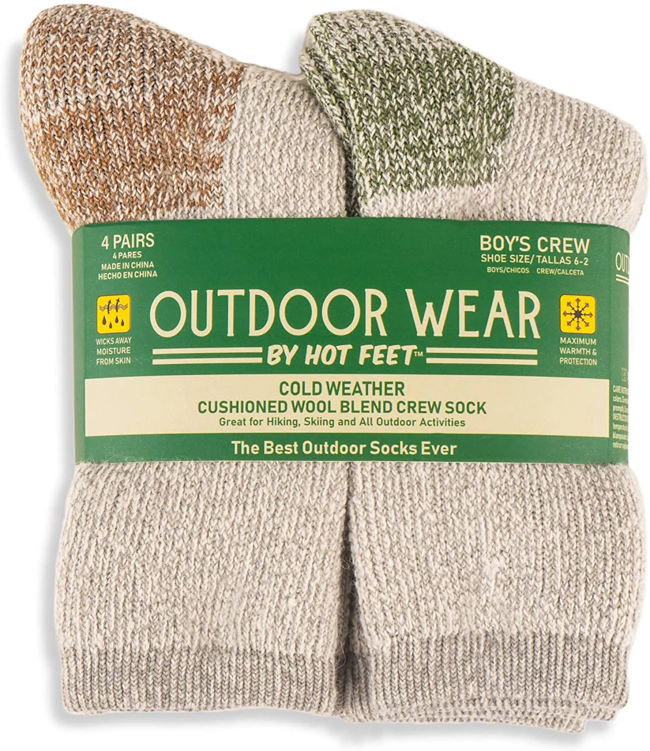 HOT FEET Boys' Outdoor Socks, Warm Youth Socks, Thermal Wool Blend (4 Pack)