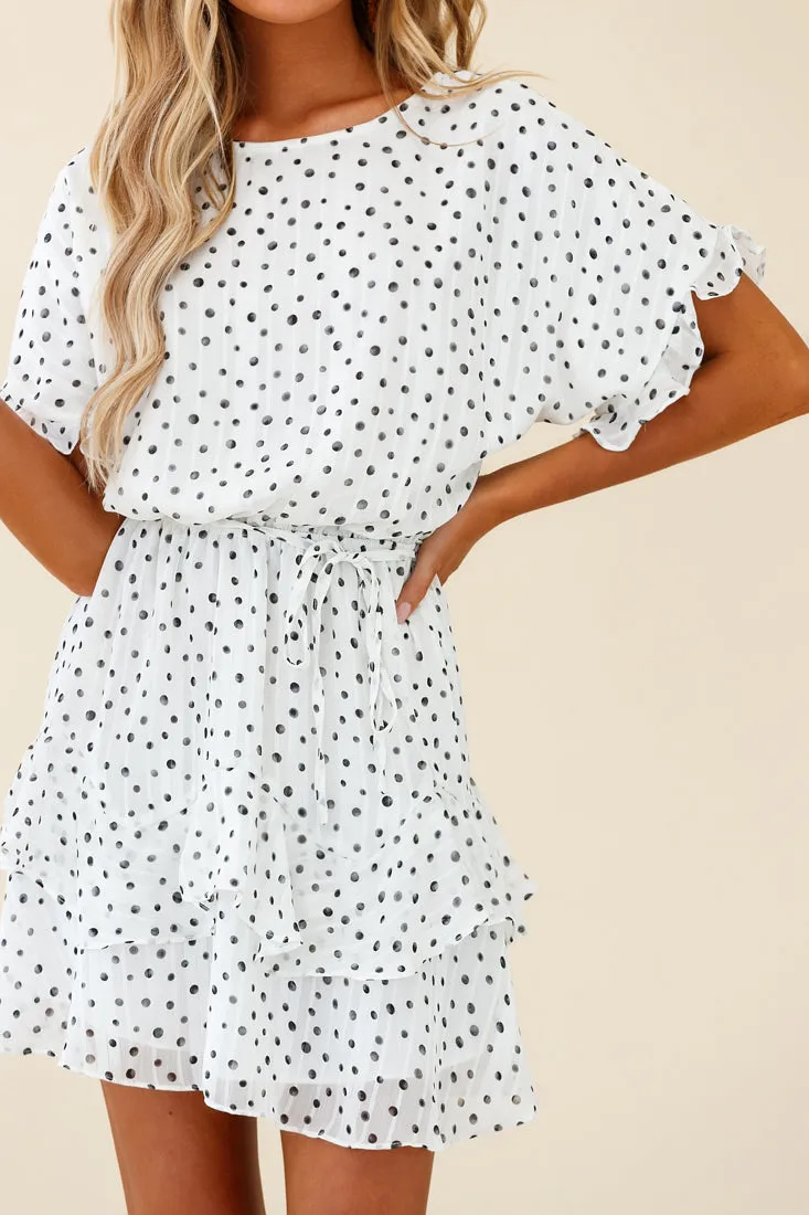 Mollina Frill Sleeve Layered Hem Dress Spot Print White