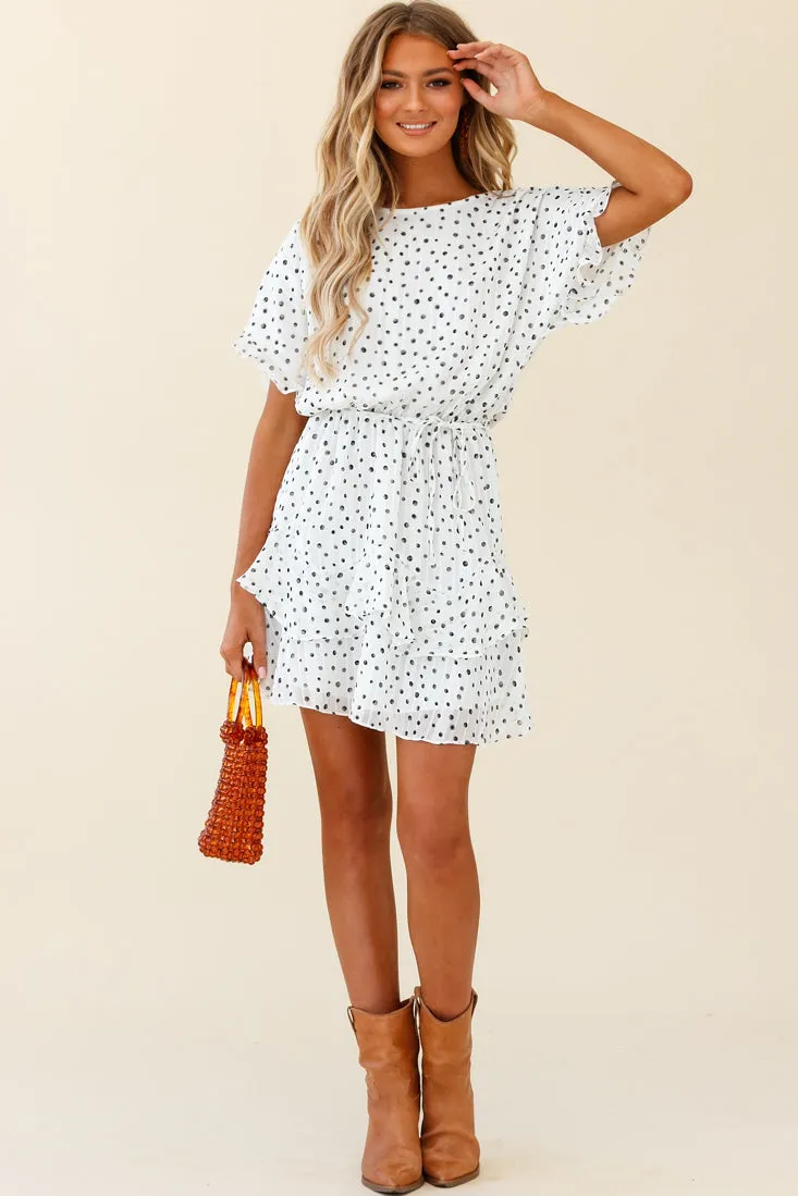 Mollina Frill Sleeve Layered Hem Dress Spot Print White