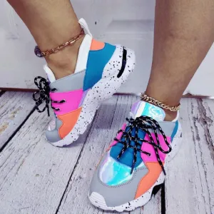 New Sports Shoes, Casual And Comfortable, Flat-Bottomed Color Matching Lace-Up Casual Shoes, Thick-Bottomed Large Size Running Shoes