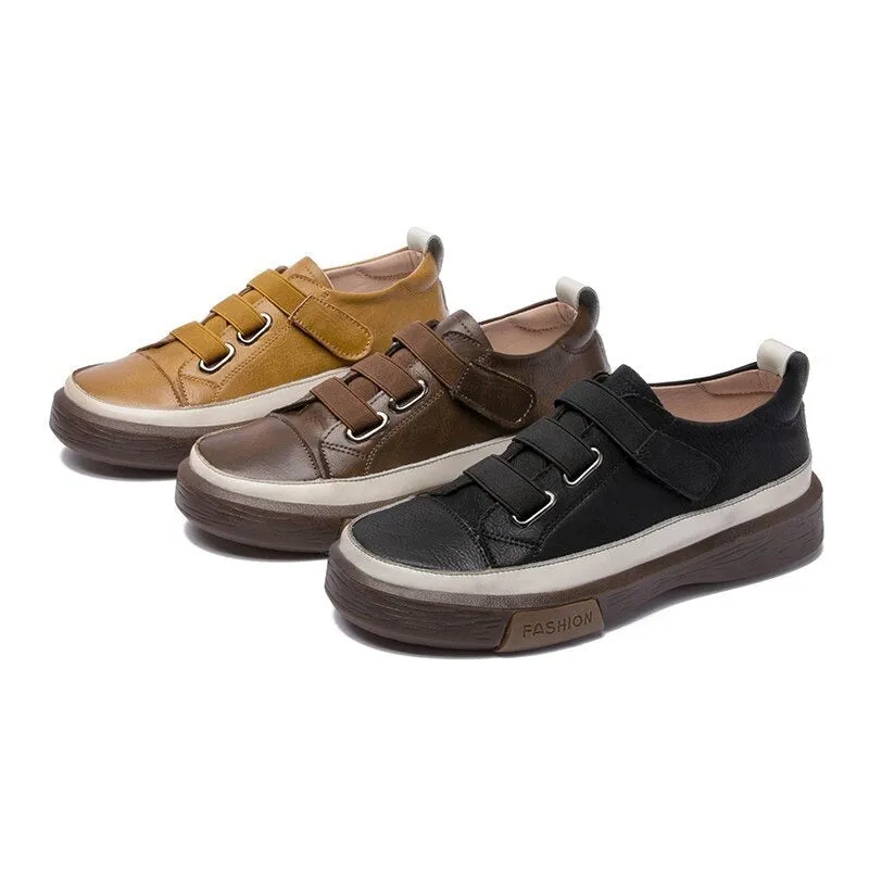 No-tie Shoelaces Genuine Leather Flat Sneakers for Women