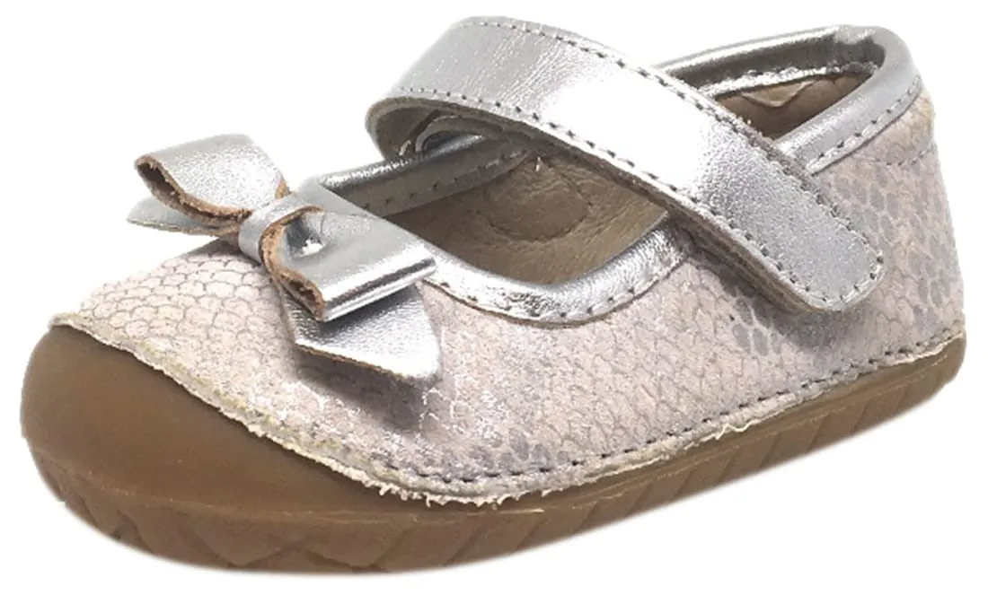 Old Soles Girl's Pave Gabs Jane Python Silver Leather Hook and Loop Bow Mary Jane Walking Shoe