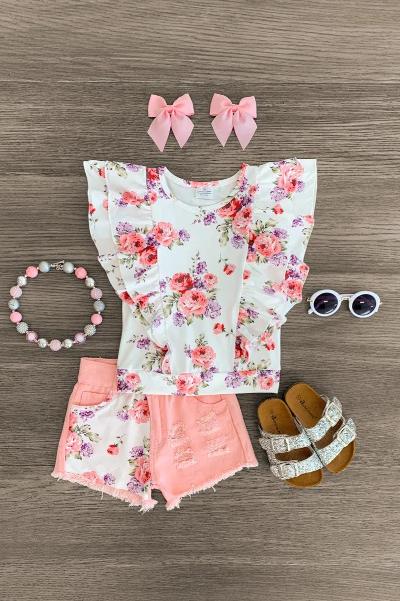 Pink & White Floral Distressed Denim Short Set