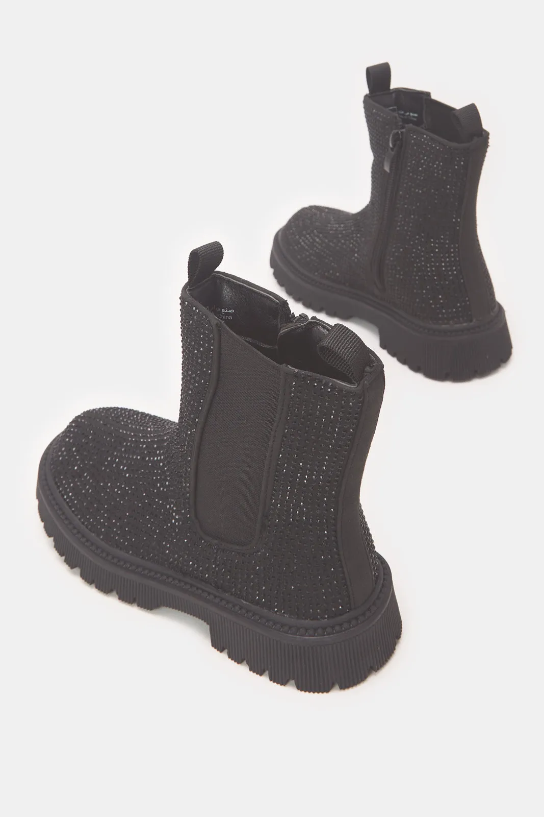 Senior Girls Black Diamante Chelsea Boots