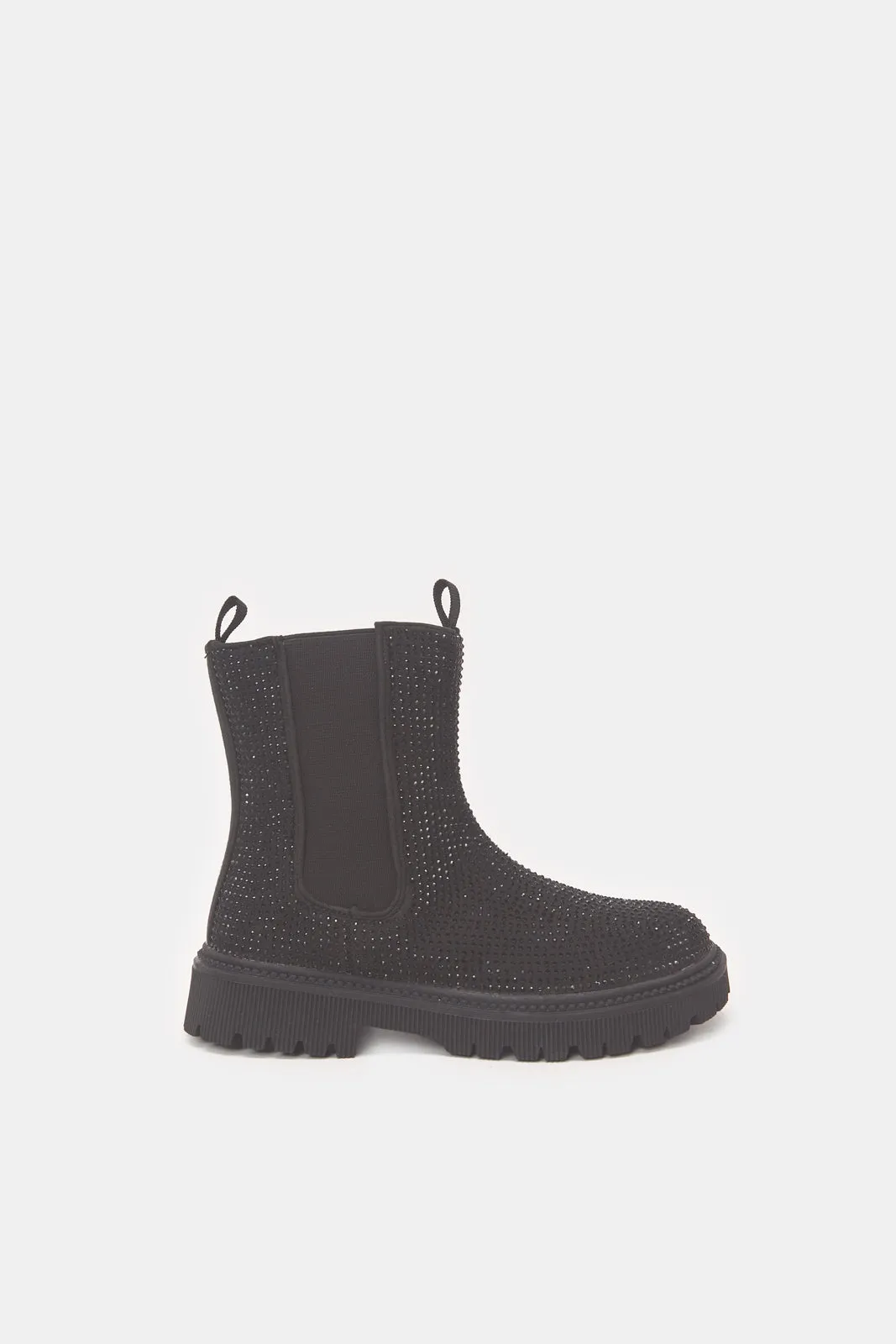 Senior Girls Black Diamante Chelsea Boots