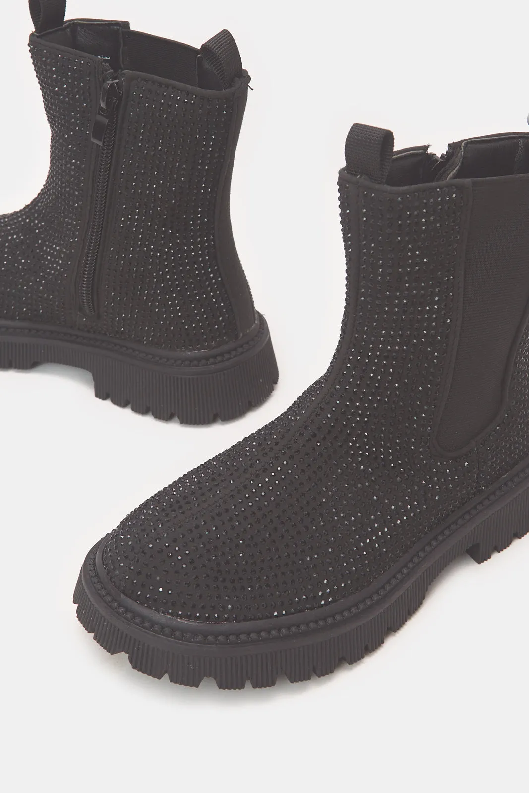 Senior Girls Black Diamante Chelsea Boots