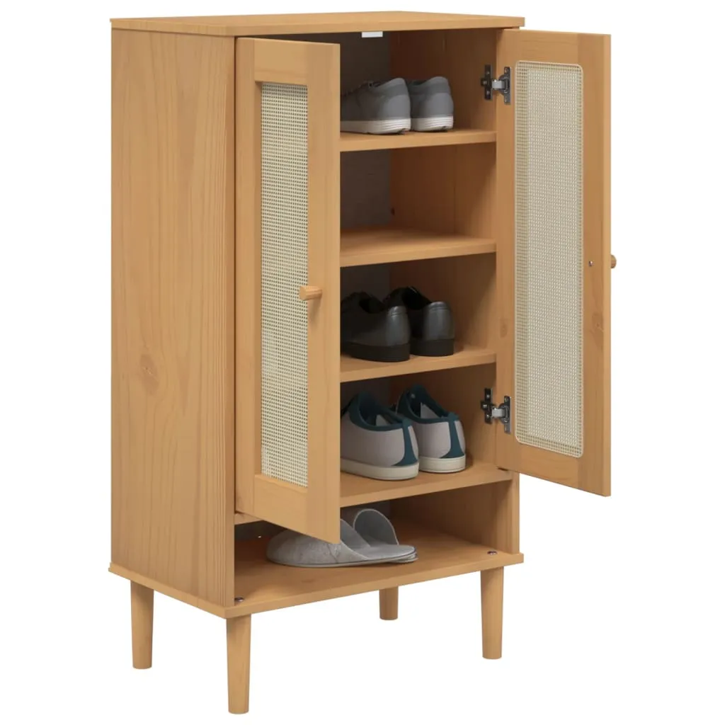 Shoe Cabinet SENJA Rattan Look Brown 59.5x35x107 cm Solid Wood