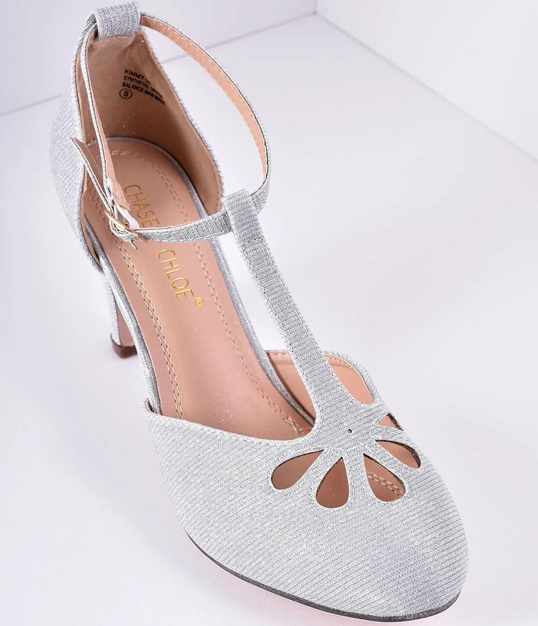 Silver Sparkle Cutout Kimmy T-Strap Heels