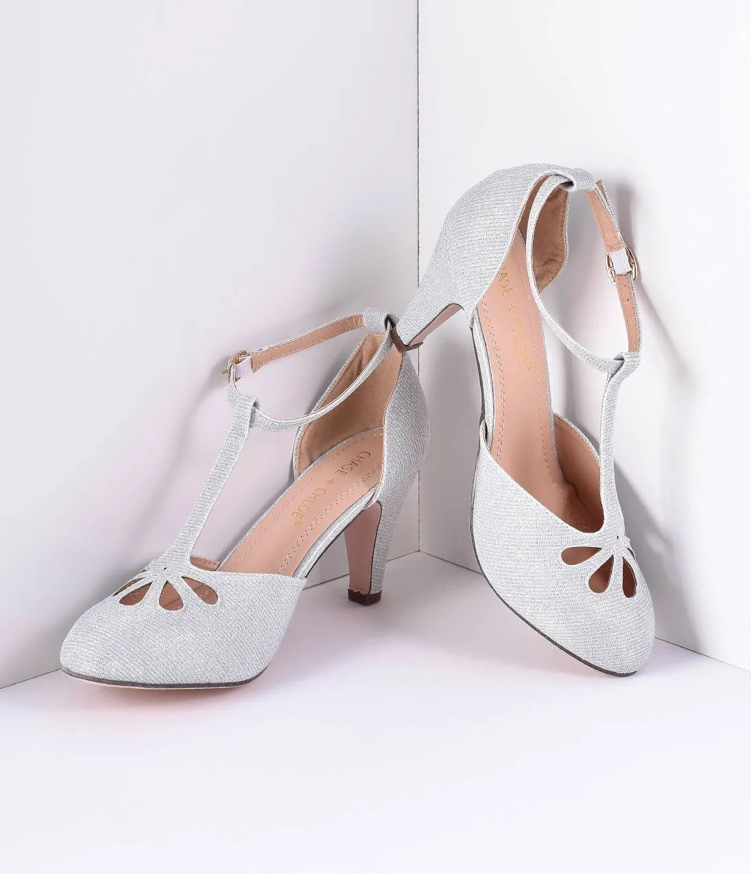 Silver Sparkle Cutout Kimmy T-Strap Heels