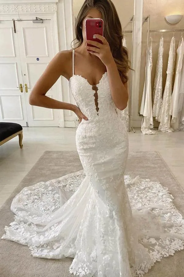 Spaghetti Straps Deep V Neck Mermaid Sweep Train Wedding Dress WD513