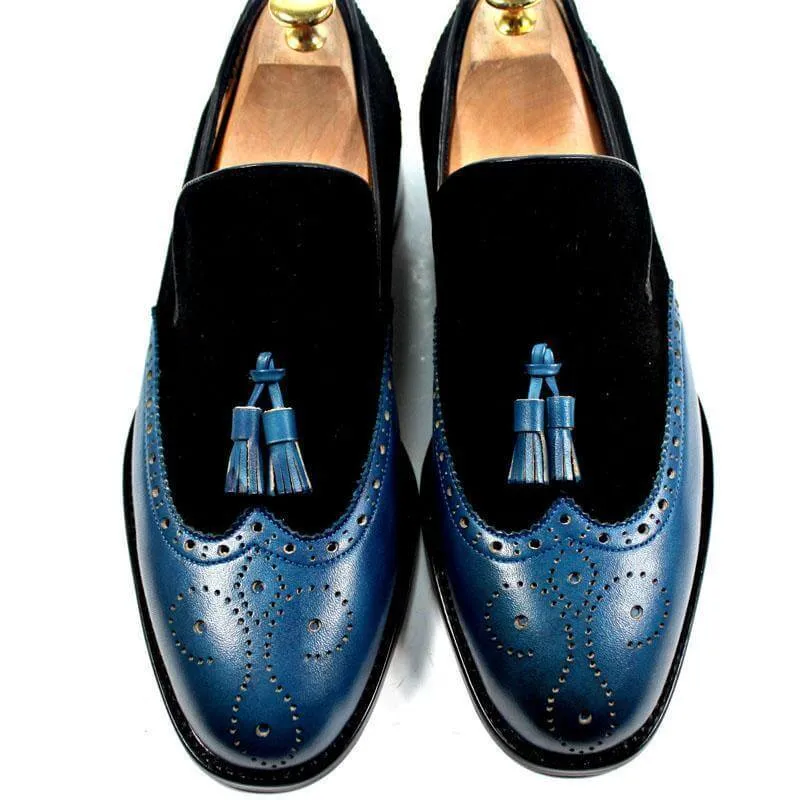 Tassel Loafers Slip Ons Blue Wing Tip Genuine Black Suede Leather Shoes For Men