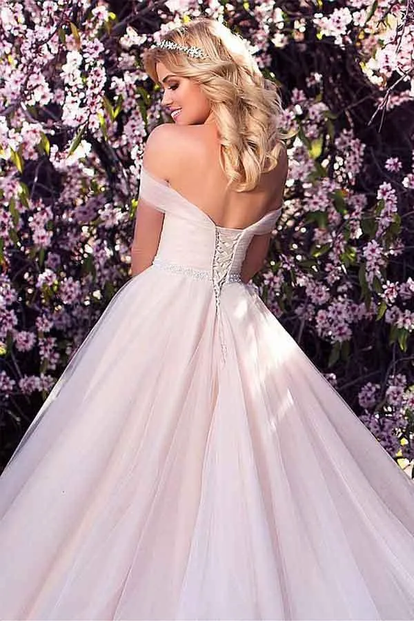 Tulle Off-the-shoulder Neckline A-line Wedding Dress With Beading WD215