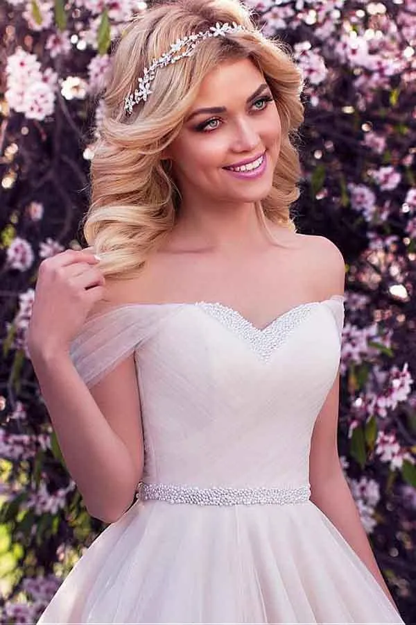 Tulle Off-the-shoulder Neckline A-line Wedding Dress With Beading WD215