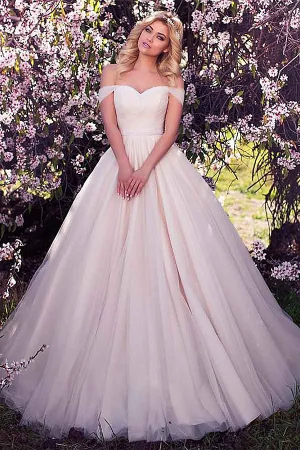 Tulle Off-the-shoulder Neckline A-line Wedding Dress With Beading WD215