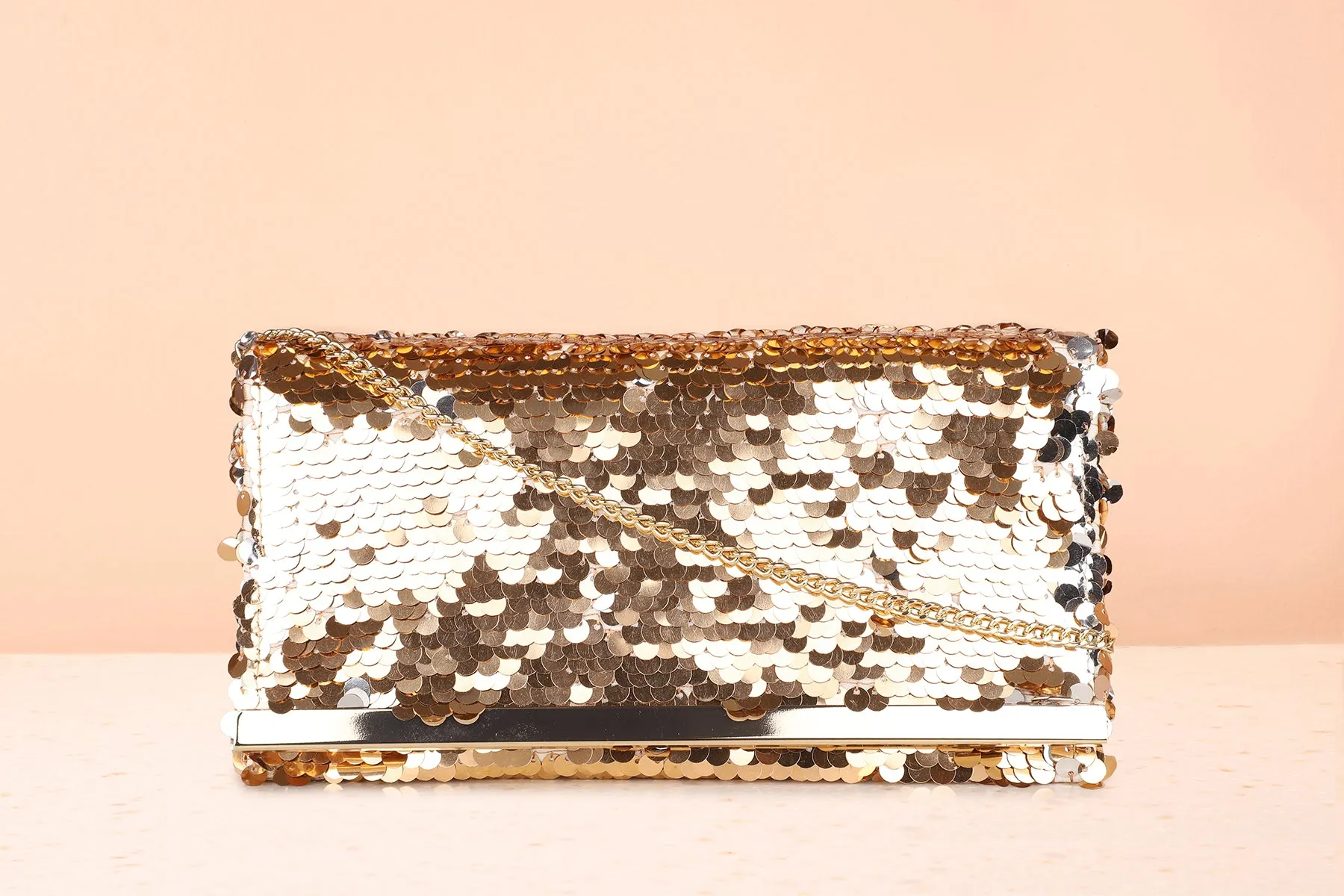 Women Gold Sequins Embellished Envelope Clutch