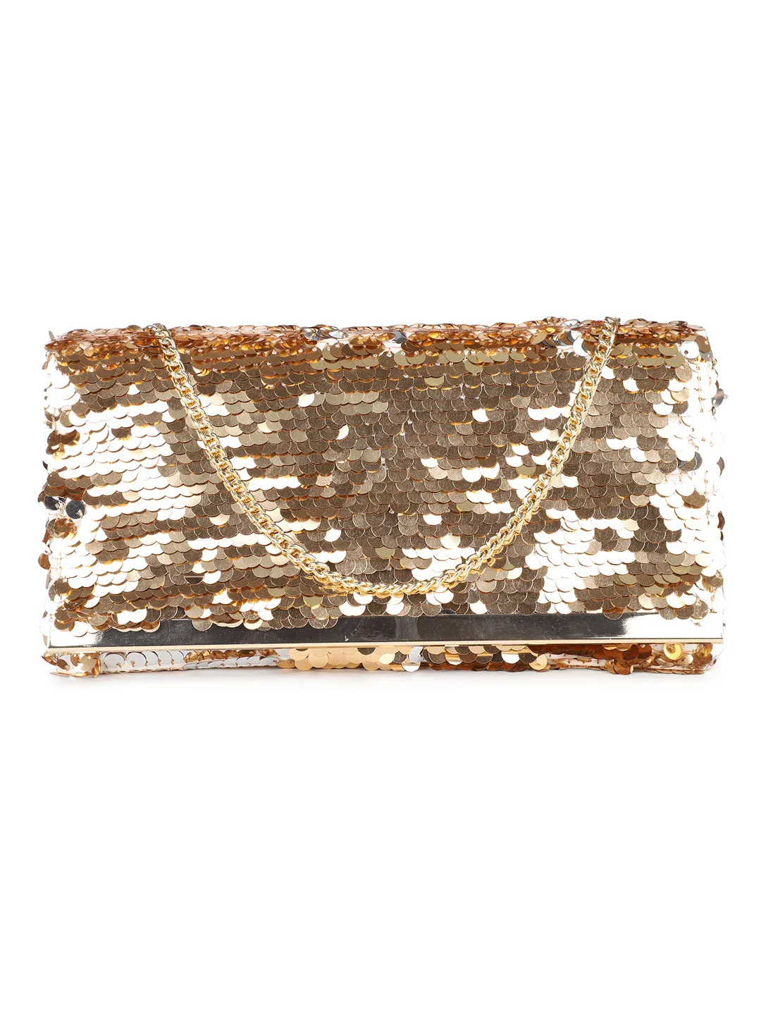 Women Gold Sequins Embellished Envelope Clutch